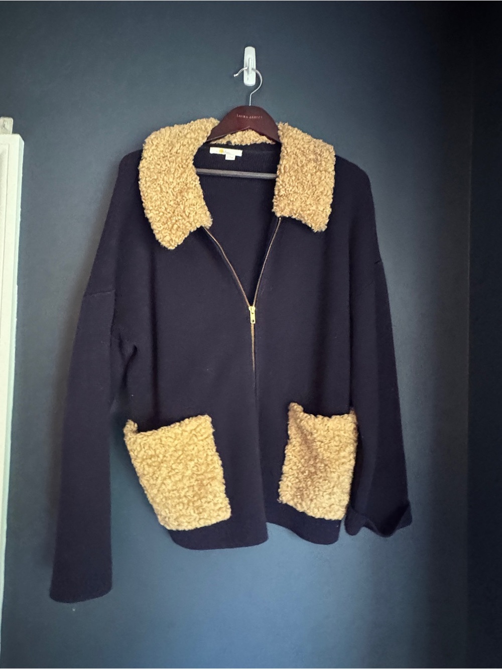 Boden Navy Knit Zip Jacket Faux Shearling Collar & Pocket Trim